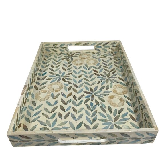 Handcrafted Mother of Pearl Palawan Floral Mosaic Serving Tray Rectangular - Picture 6 of 10